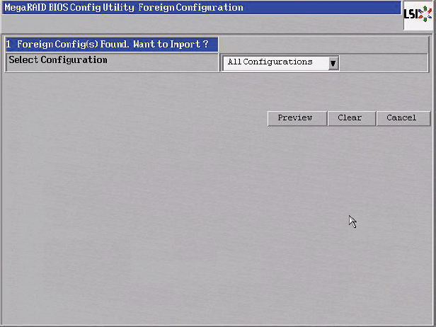 image:Graphic showing LSI MegaRAID WebBIOS Foreign Configuration screen.