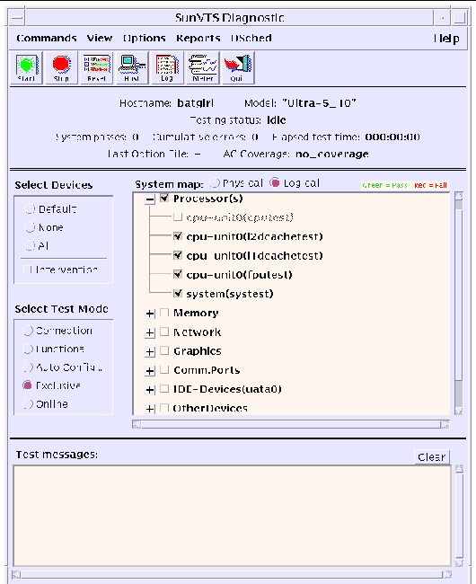 Screenshot of SunVTS CDE main window.