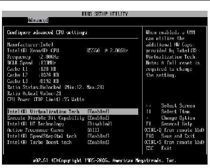  Graphic showing BIOS Setup Utility: Advanced -CPU settings