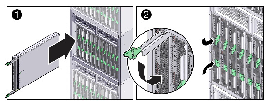 A 2 panel illustration showing how to insert the server module into a chassis.