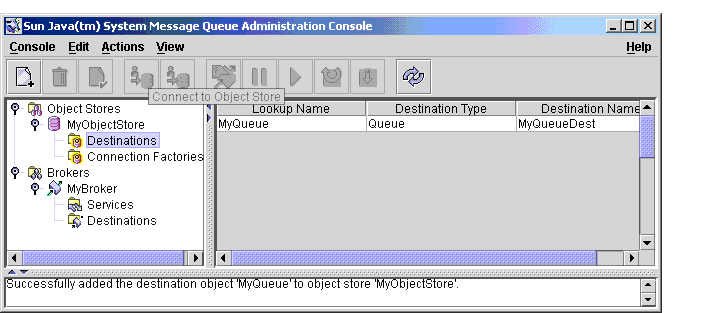 Message Queue Administration Console window. Destinations selected in tree view. Destination objects displayed in contents pane.
