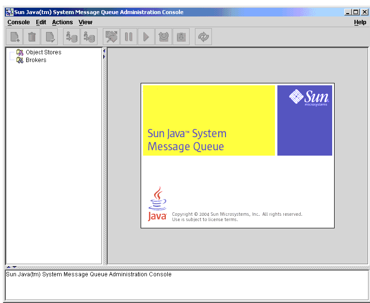 Startup screen for Sun Java System Message Queue. Treeview in left pane; contents in right pane.