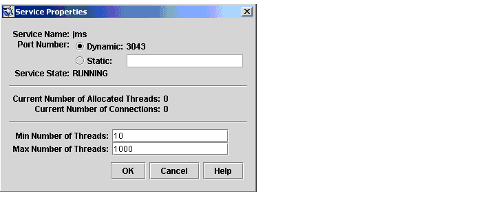 Service Properties dialog. Buttons from left to right: OK, Cancel, Help.