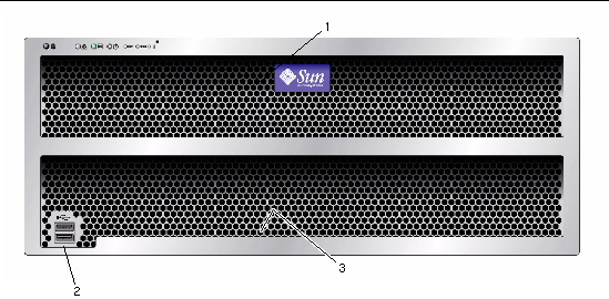 Graphic showing the X4500 and X4540 servers front panel. 