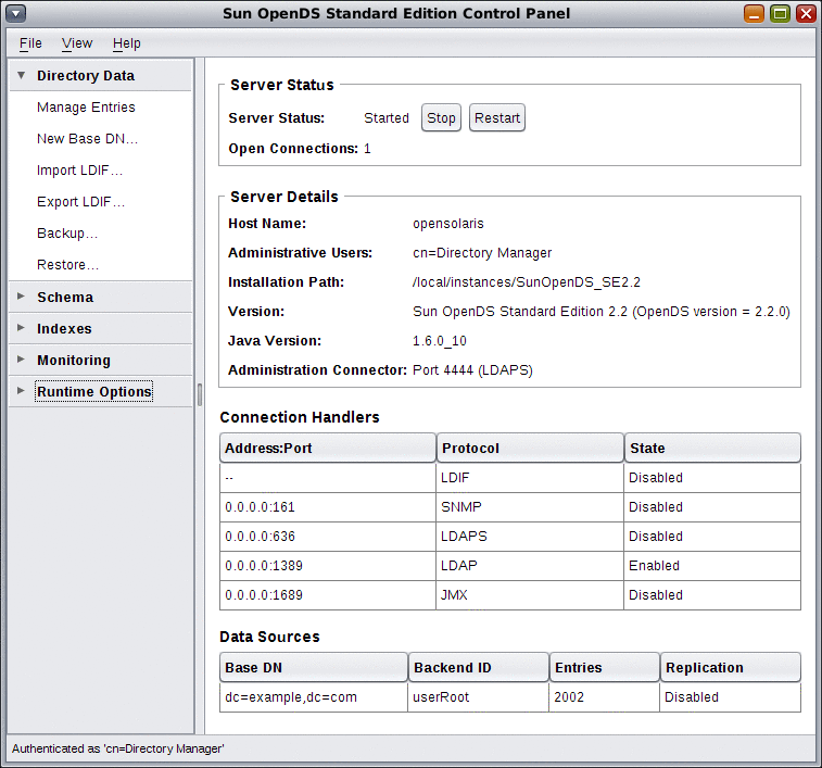 Figure shows the main window of the directory server control panel.