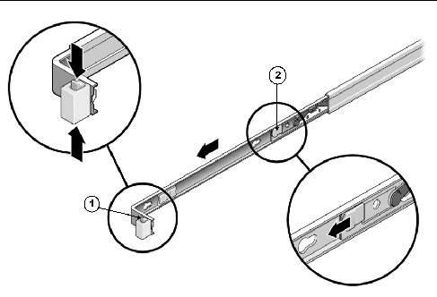 Graphic showing slide-rail lock tabs and mounting bracket release button.