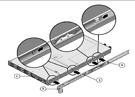 Graphic of mounting bracket aligned with server chassis locating pins.