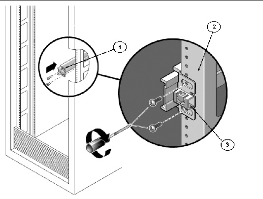 Graphic showing the mounting bracket being aligned with the rack post.