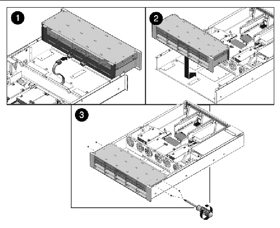Figure showing how to install the storage drive cage on Sun Fire X4270 Server.