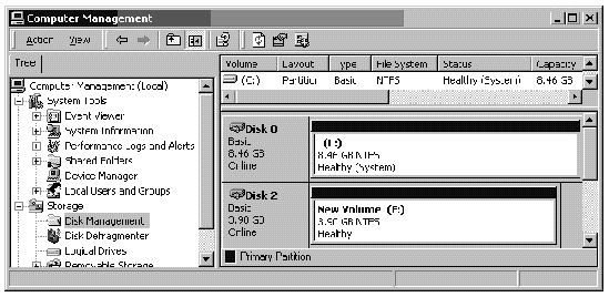 Screen capture showing the Disk Management window with the new disk format information displayed.