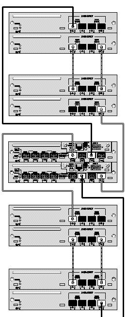 Diagram showing a Sun StorEdge 3511 FC array configuration with four expansion units.