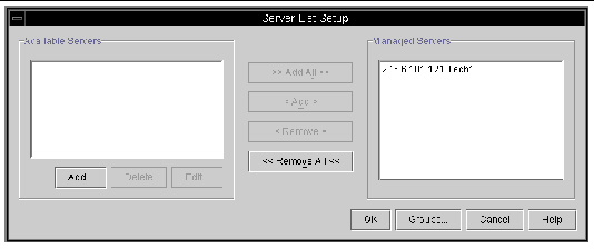 Screen capture of the Server List Setup window showing Available Servers and Managed Servers.