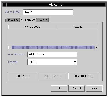 Screen capture of the Add Server dialog box showing the Mailing Lists options.