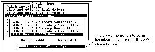 Screen capture of the terminal menu option Edit Host-ID/WWN showing the server information.