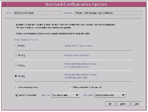 Screen capture of the Standard Configuration Options window showing standard storage configuration options.