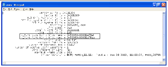 Screen capture showing the output from running the fcmsutil command to display the WWN on systems running the HP-UX OS.