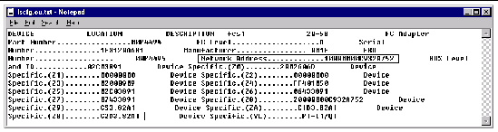 Screen capture showing the output from running the lscfg -vl command to display the WWN on systems running the IBM AIX OS. 