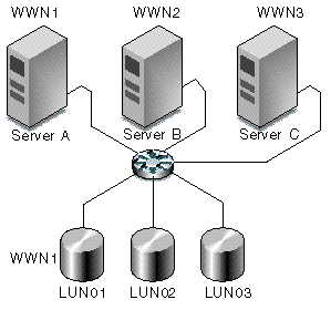 Diagram shows multiple hosts with access to the same LUNs where LUN filtering creates exclusive paths from a server to a specific LUN.
