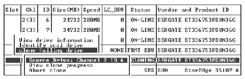 Screen capture shows the menu options to return to clone drive information.