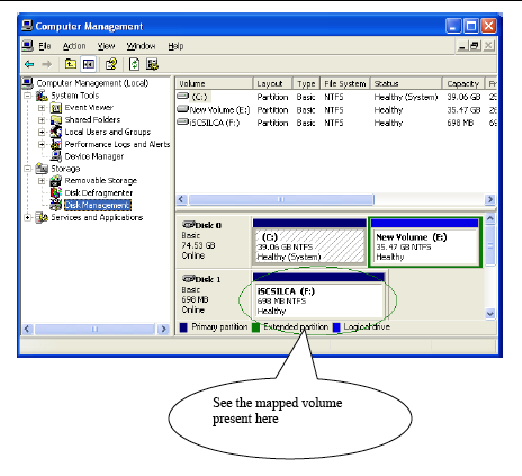 Screenshot showing a mapped volume within the Disk Management application in Windows XP.
