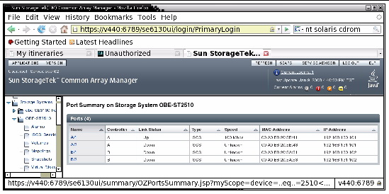 Screenshot showing the Port Summary page within the Sun StorageTek Common Array Manager software.