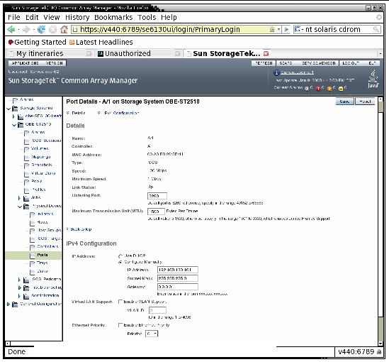 Screenshot showing the Port Details page within the Sun StorageTek Common Array Manager software.