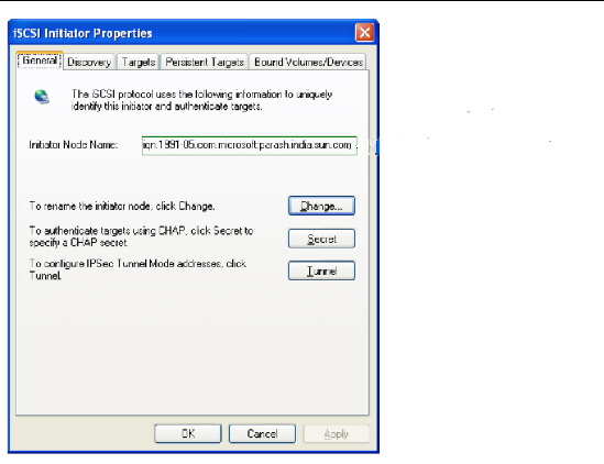 Screenshot showing the iSCSI Initiator Properties window within Windows XP.