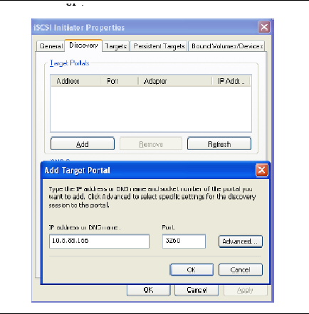 Screenshot showing the Add Target Portal window that opens when clicking the Add button within the iSCSI Initiator Properties window in Windows XP.