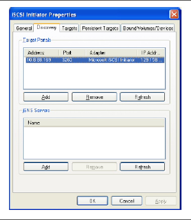 Screenshot showing the Discovery tab within the iSCSI Initiator Properties window in Windows XP.