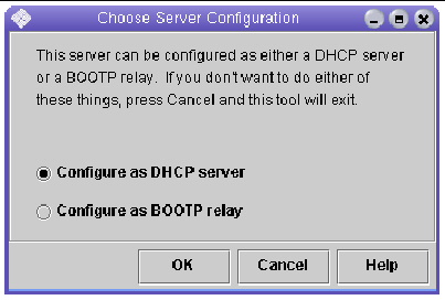 Screenshot of the Choose Server Configuration page of the Solaris DHCP Configuration wizard. 