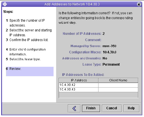 Screenshot of the Add Addresses to Network wizard.