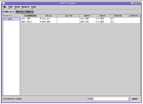 Screenshot of the DHCP manager window.