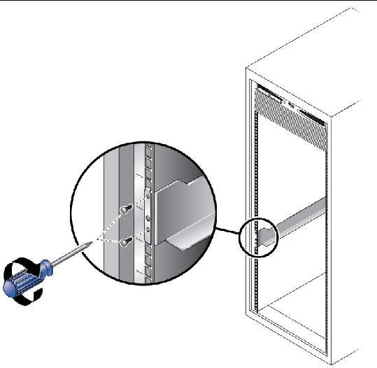 Figure showing securing the rail to the front left of the cabinet.