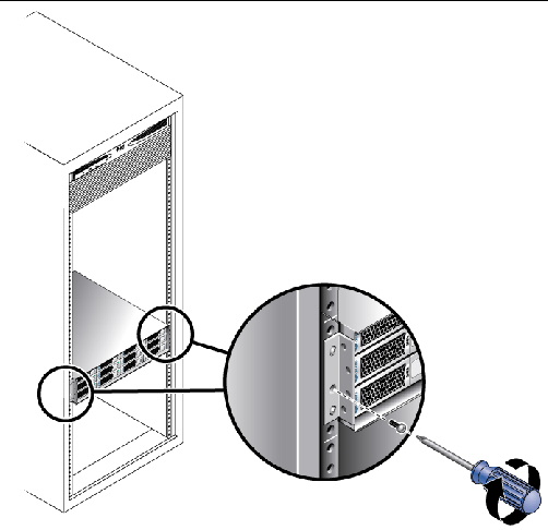 Figure showing securing the tray to the front of a Sun Rack 900/1000 cabinet.