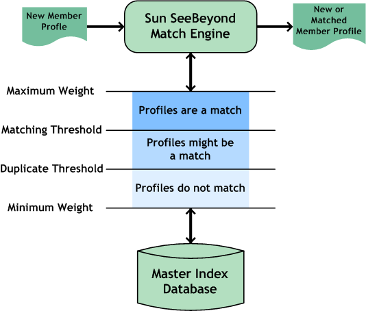 Figure illustrates the matching and duplicate thresholds
in relation to the minimum and maximum weights.
