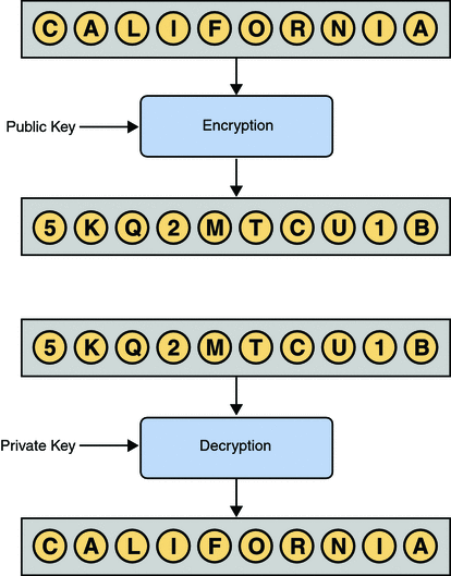 Diagram shows the use of a public key in encryptinga word, and the use of a private key in decrypting the word.