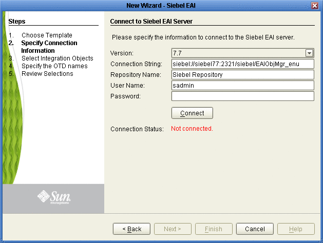 Siebel Server Connection window