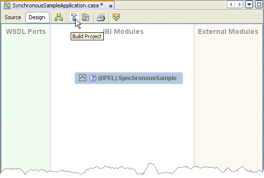 Graphic shows the CASA Editor. The editor shows the cursor clicking on the Build Project button.