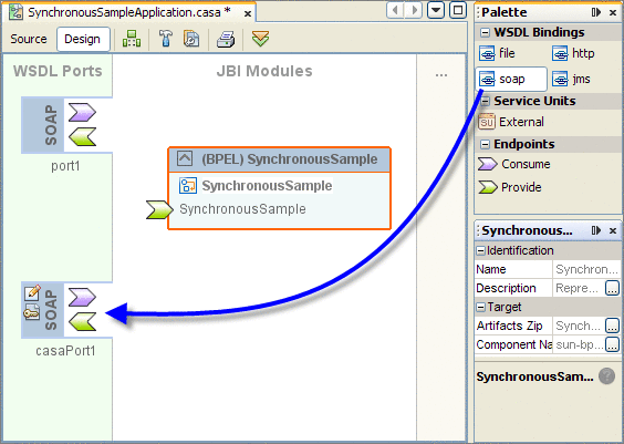 Graphic shows the CASA Editor and the Pallette. A Soap WSDL binding is dragged from the Palette to the WSDL Ports section of the CASA Editor.