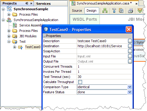 Graphic shows the Properties window for TestCase0, as described in context.