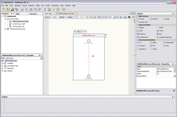 Image shows the NetBeans IDE displaying the Design view
of the BPEL Designer