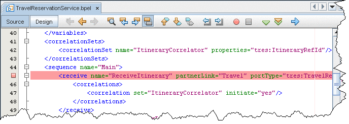 Image shows the Source view with a set breakpoint as
described in context