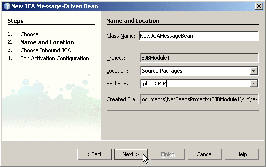 JCA Message-Driven Bean wizard: Provide Name
and Location