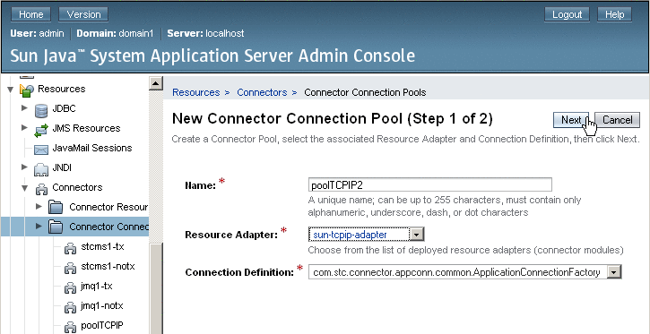 Step 1 of the New Connector Connection Pool wizard
for the TCP/IP JCA Adapter