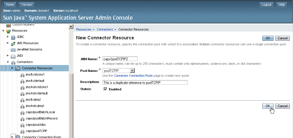 Admin Console creating a new connector resource
for the TCP/IP JCA Adapter