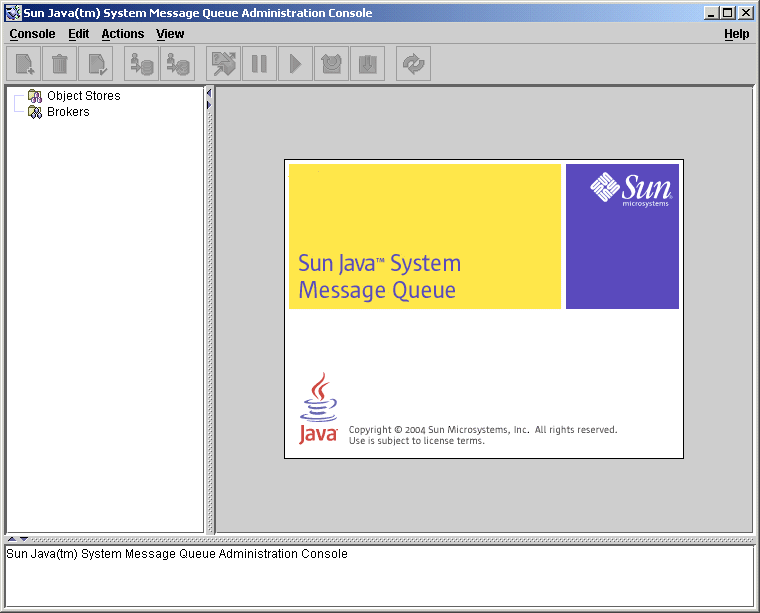 Startup screen for Sun Java System Message Queue. Tree
view in left pane; contents in right pane.