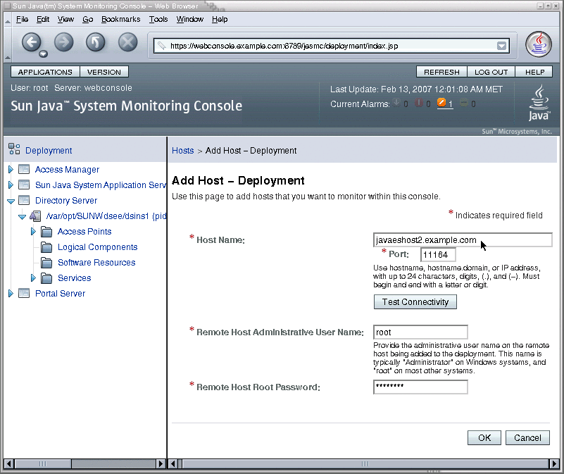 The dialog to add a host to your monitored deployment
appears in the left-hand pane of the interface.