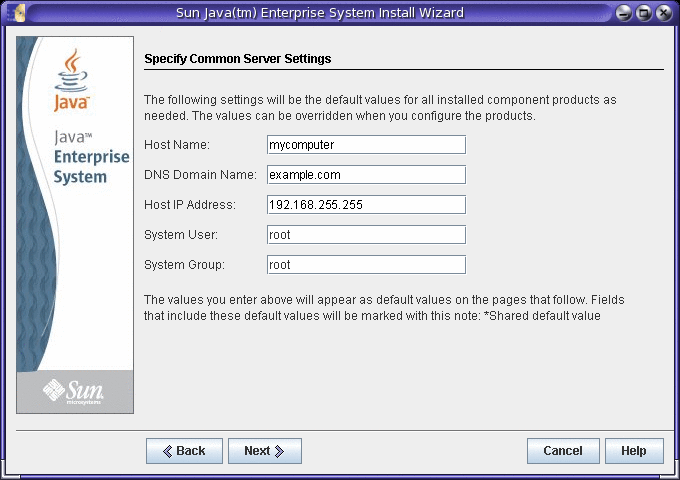 Exemple de capture d'écran de la page Spécifier des paramètres communs de serveur du programme d'installation de Java ES.