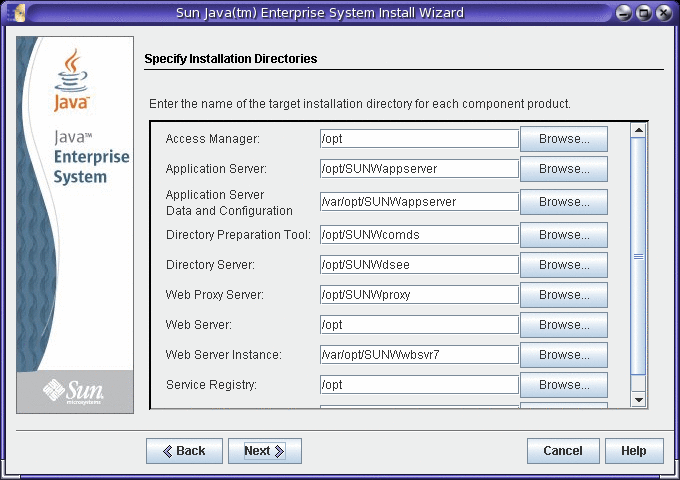 Exemple de capture d'écran de la page Spécifier les répertoires d'installation du programme d'installation de Java ES.