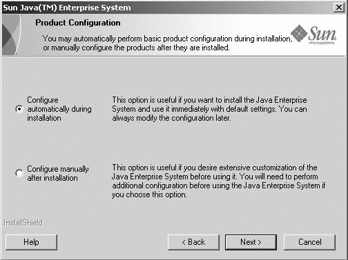 Exemple de page Configuration du produit dans le programme d'installation de Java ES